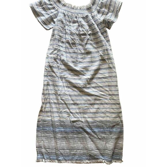 Tommy Bahama Women's Off The Shoulder Linen Stripe MIDI Dress Fringe Hem Medium - Picture 2 of 8